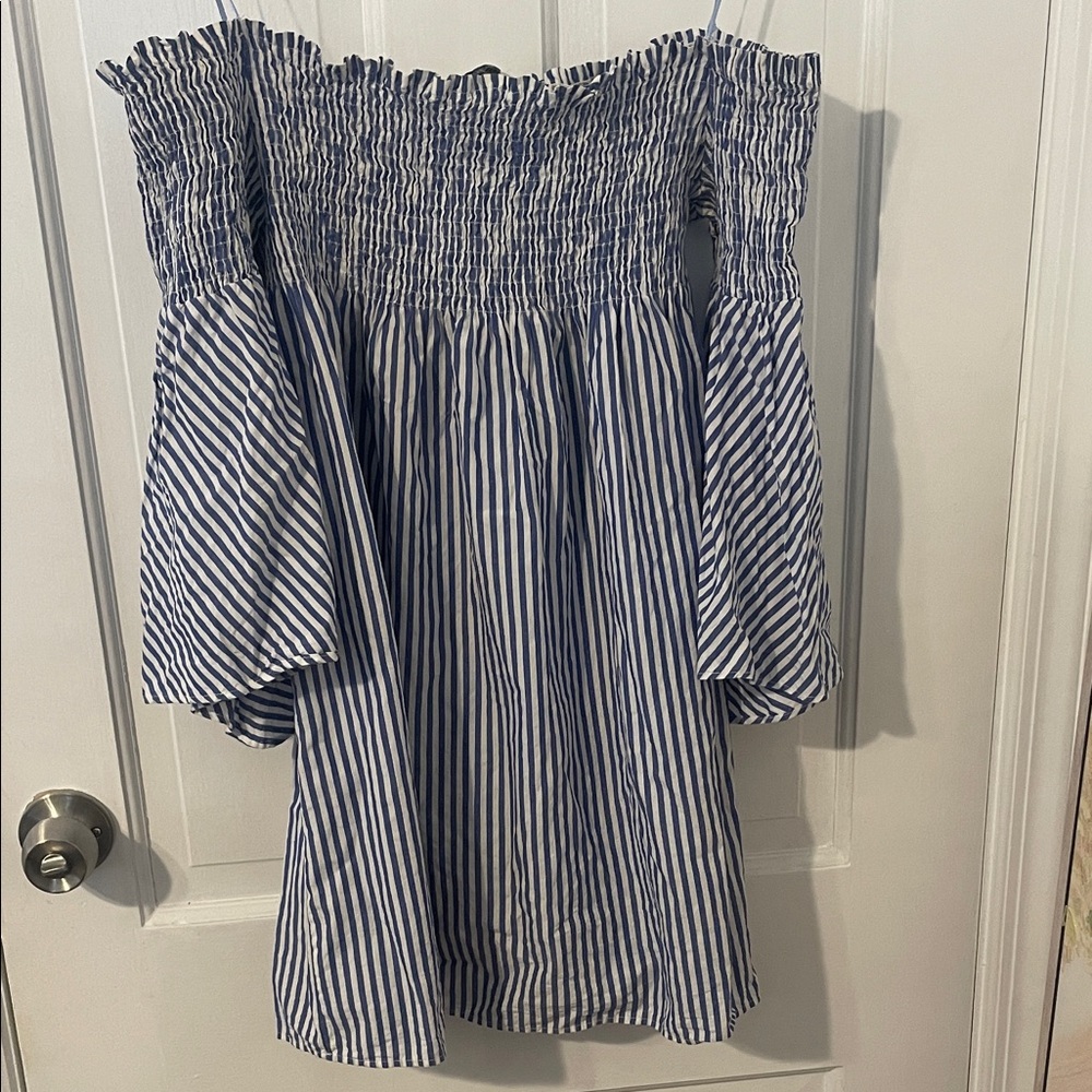 Zara Blue and White Striped Off-Shoulder Mini Dress